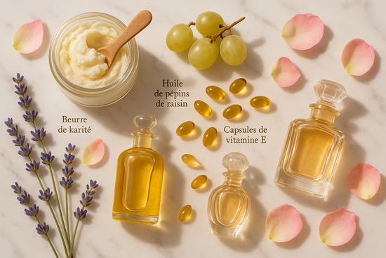 Beurre de karité, huile de pépins de raisin, parfum, vitamine E.
