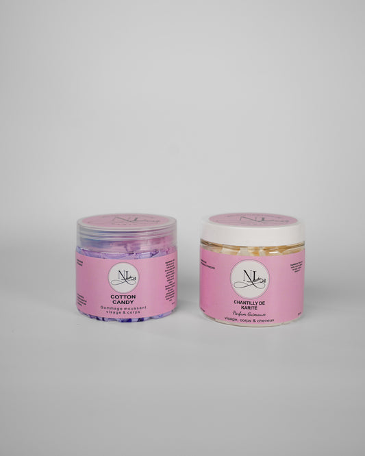 duo cotton candy soins gommage sucre moussant parfum barbes à papa chantilly de karité parfum guimauve les douceurs de nl