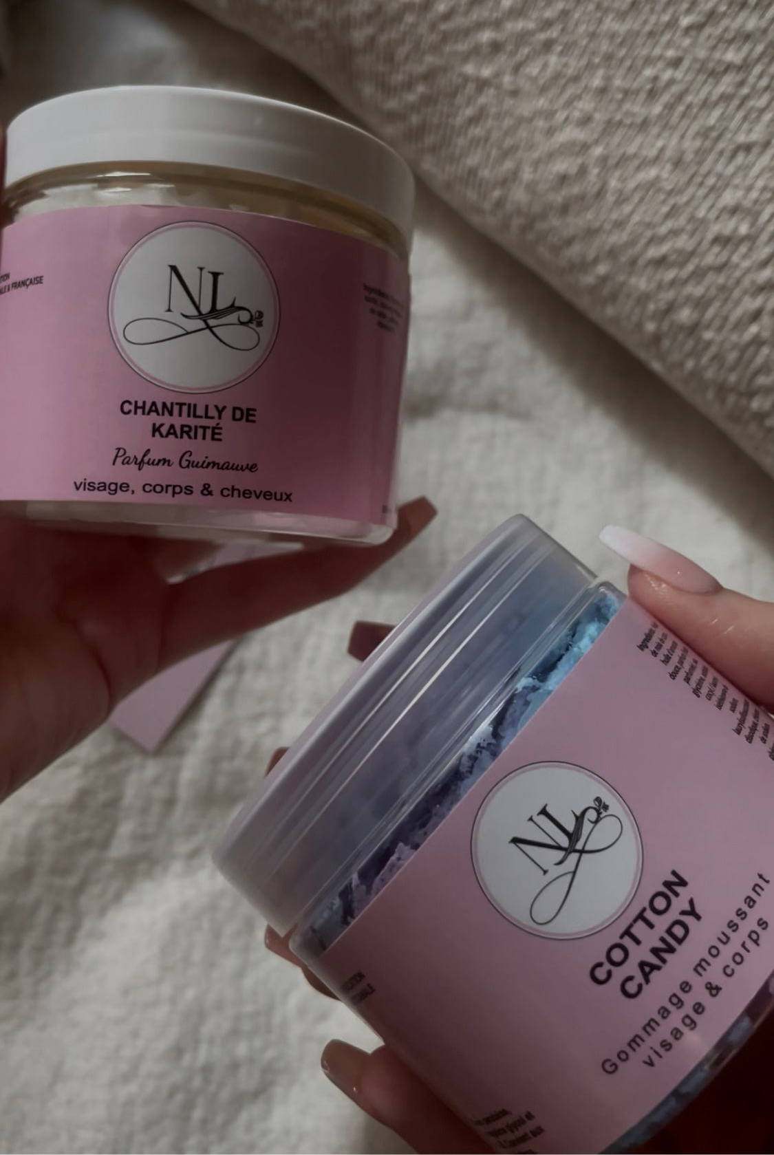 duo cotton candy soins gommage sucre moussant parfum barbes à papa chantilly de karité parfum guimauve les douceurs de nl